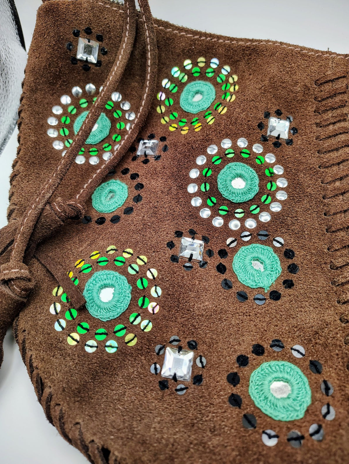 Gap Suede Shoulder Bag Brown and Blue Beaded Boho