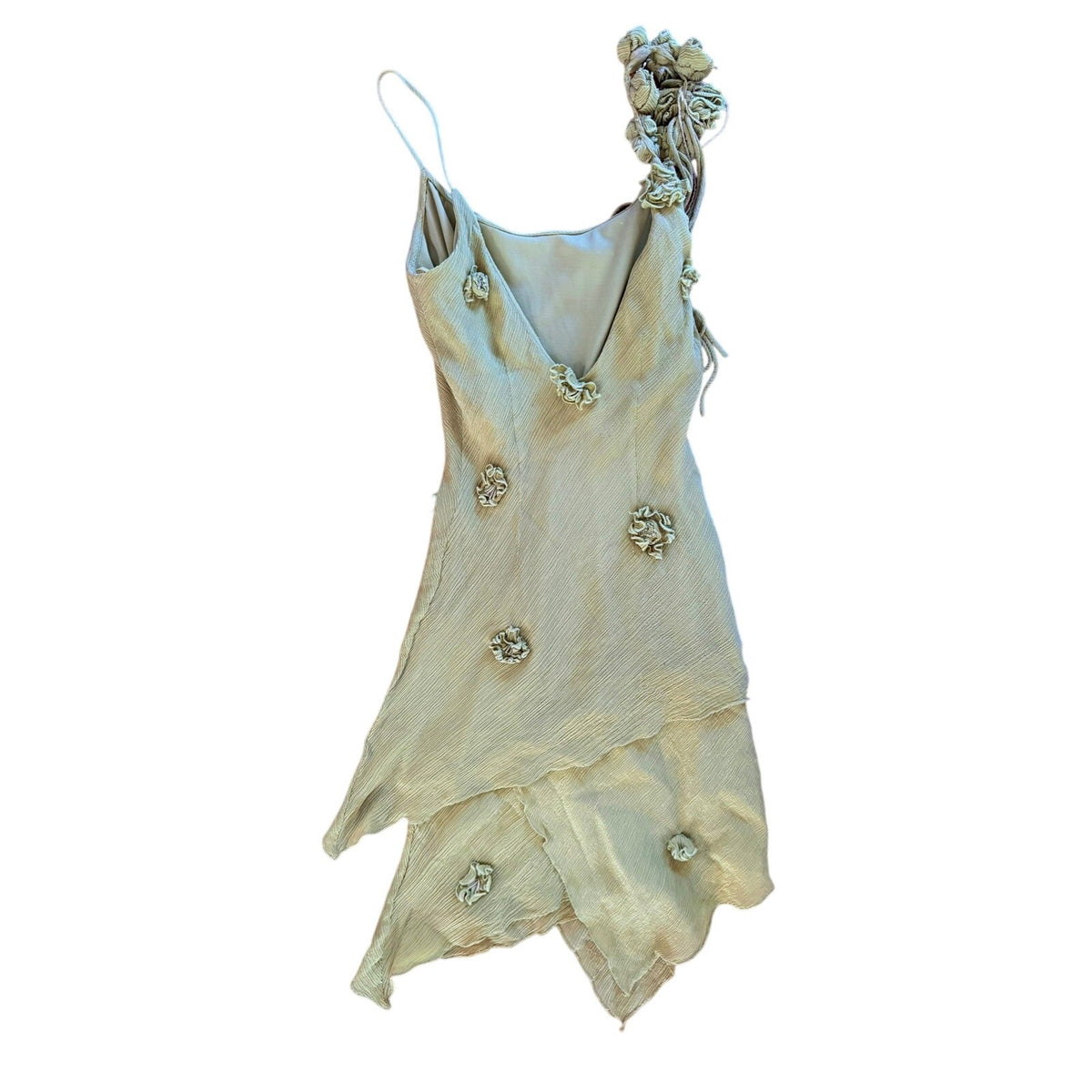 Vintage Cache Green Beaded Rosette Fringe Slip Dress