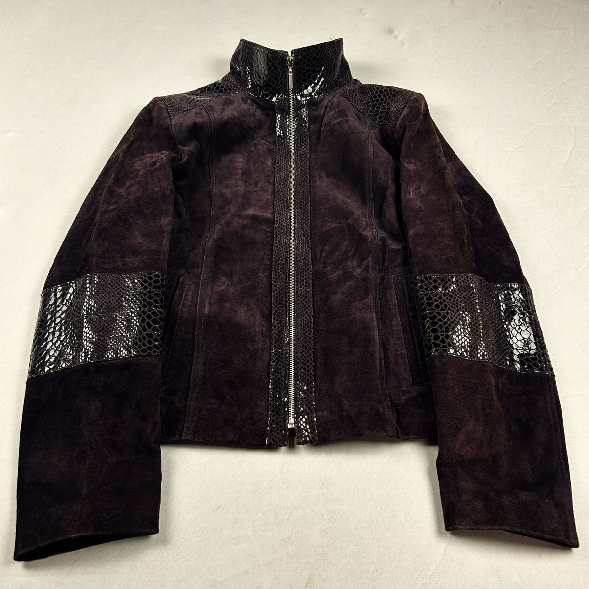 Vintage Y2K Genuine Suede Leather Jacket with Snakeskin Panel Moto