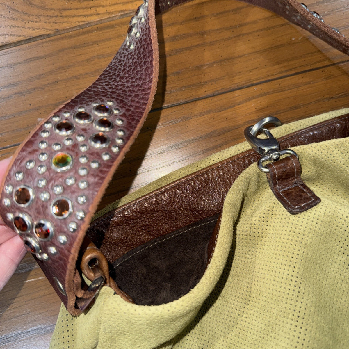Tylie Malibu Green Perforated Suede Studded Gemstone Strap Bag Small