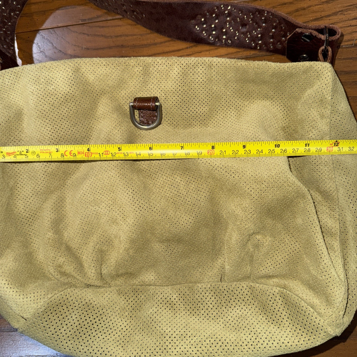 Tylie Malibu Green Perforated Suede Studded Gemstone Strap Bag Small