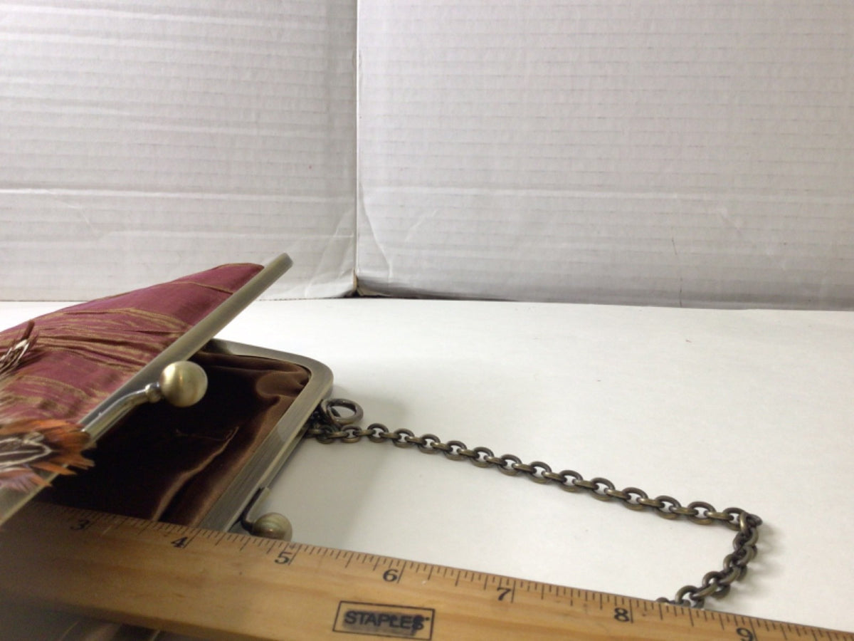 Satin Pleated Evening Clutch with Feather Beading in Bronze