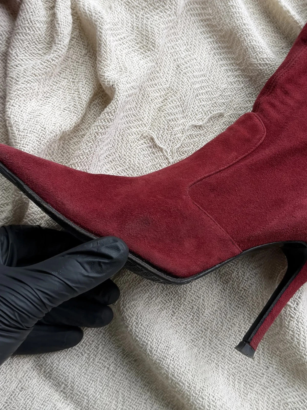 Vintage Burgundy Suede Knee High Boots Pointed Toe Stiletto Heels Lace Up