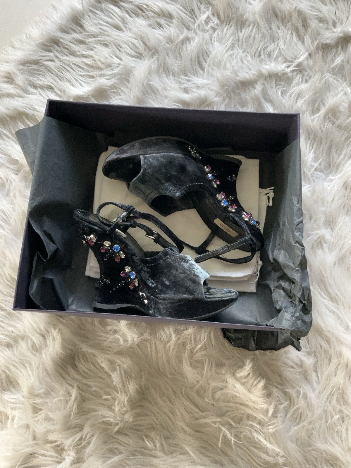 Prada Velvet Wedge Platform with Crystal Beads