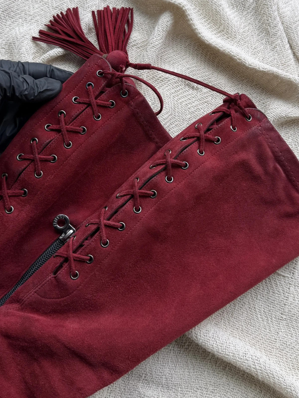 Vintage Burgundy Suede Knee High Boots Pointed Toe Stiletto Heels Lace Up