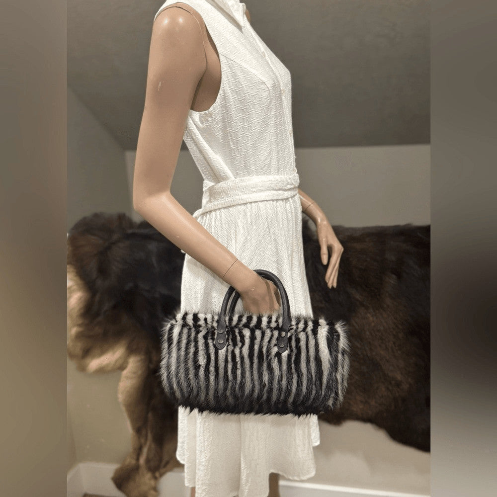 Genuine Mink Fur Pillow Bag with Top Handles and Crossbody Strap