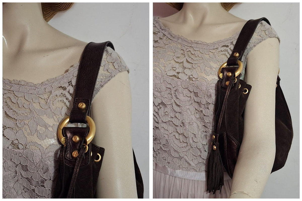 Francesco Biasia Brown Leather and Suede Medium Shoulder Bag with Tassels