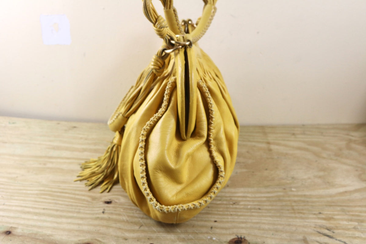Isabella Fiore Large Yellow Leather Whipstitch Tassel Hobo