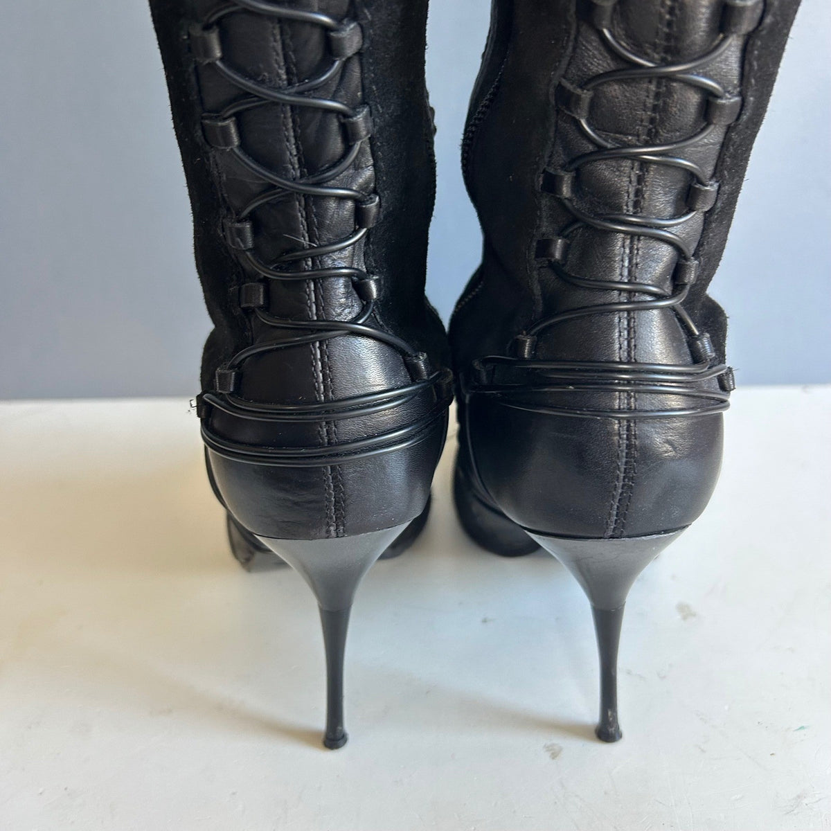 Aldo Tall Lace-Up Heeled Boots Black Pointed Toe Stiletto Knee