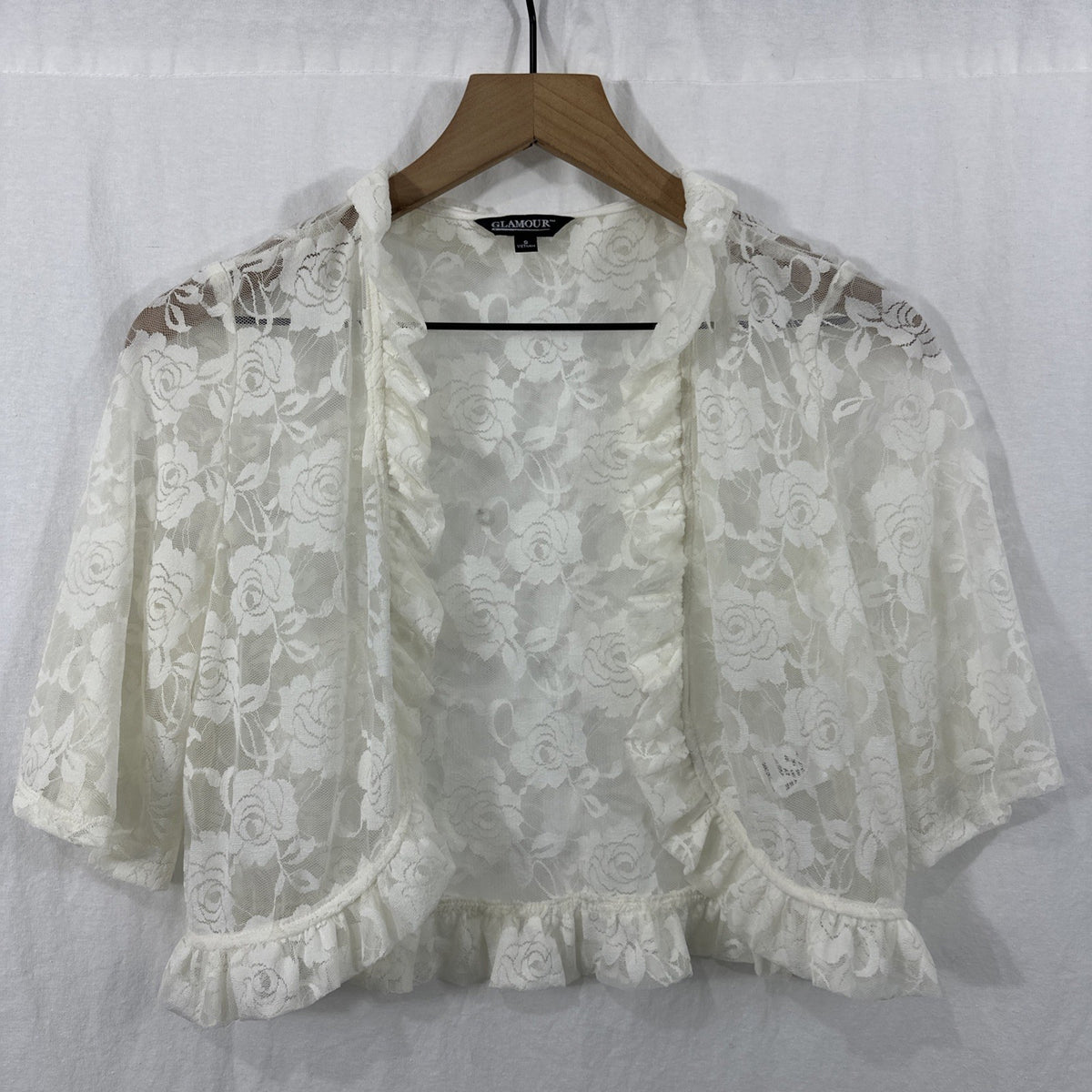 Glamour Ivory Floral Lace Sheer Ruffle Shrug Bolero Cardigan Top Size S