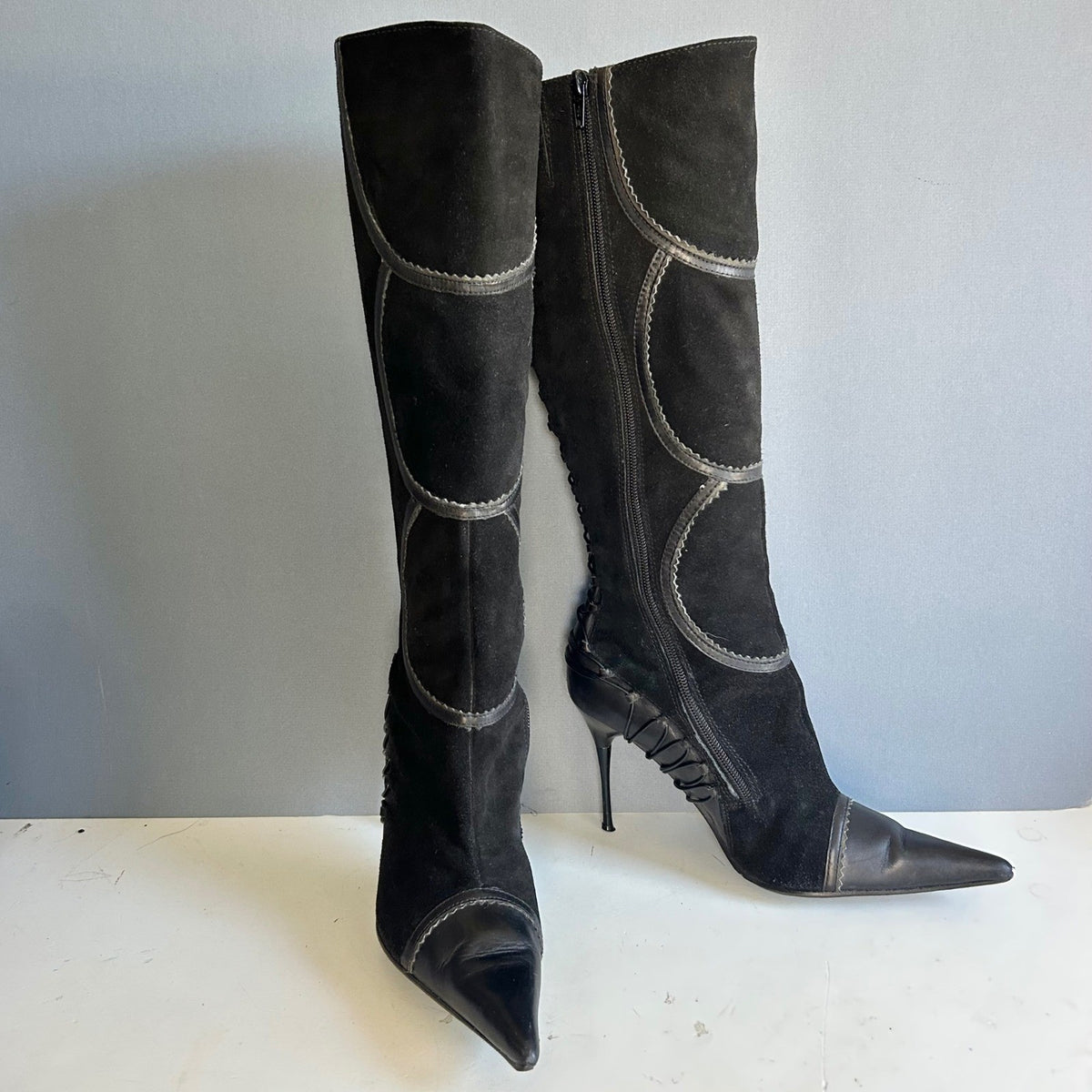 Aldo Tall Lace-Up Heeled Boots Black Pointed Toe Stiletto Knee