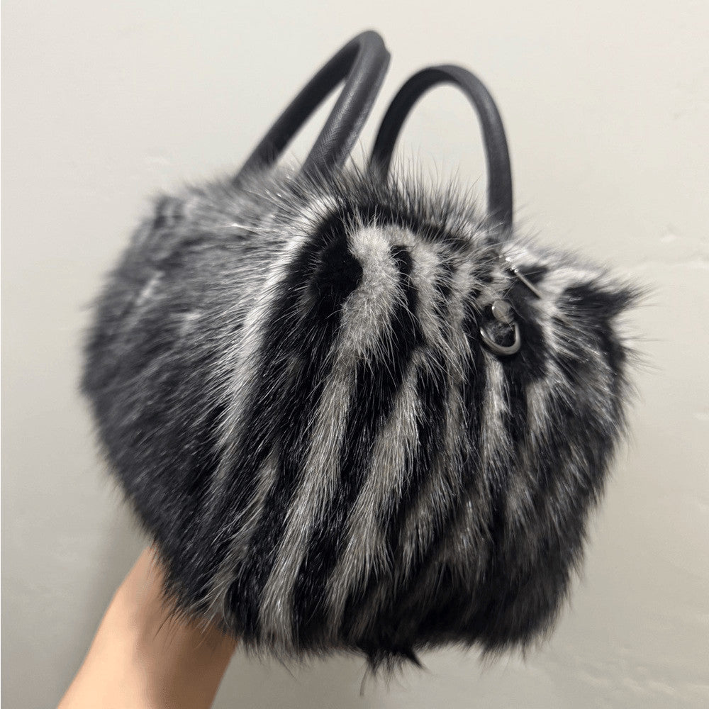 Genuine Mink Fur Pillow Bag with Top Handles and Crossbody Strap