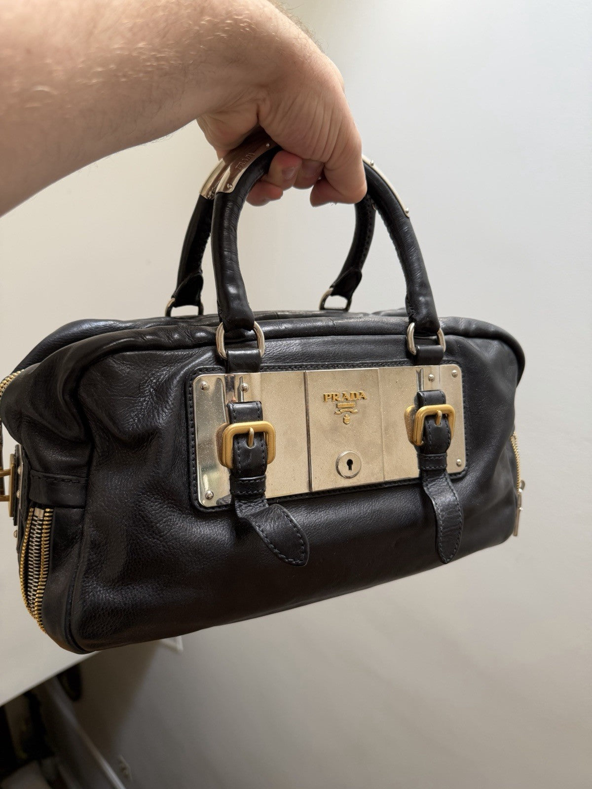 Prada Black Top Handle Bag with Gold Hardware