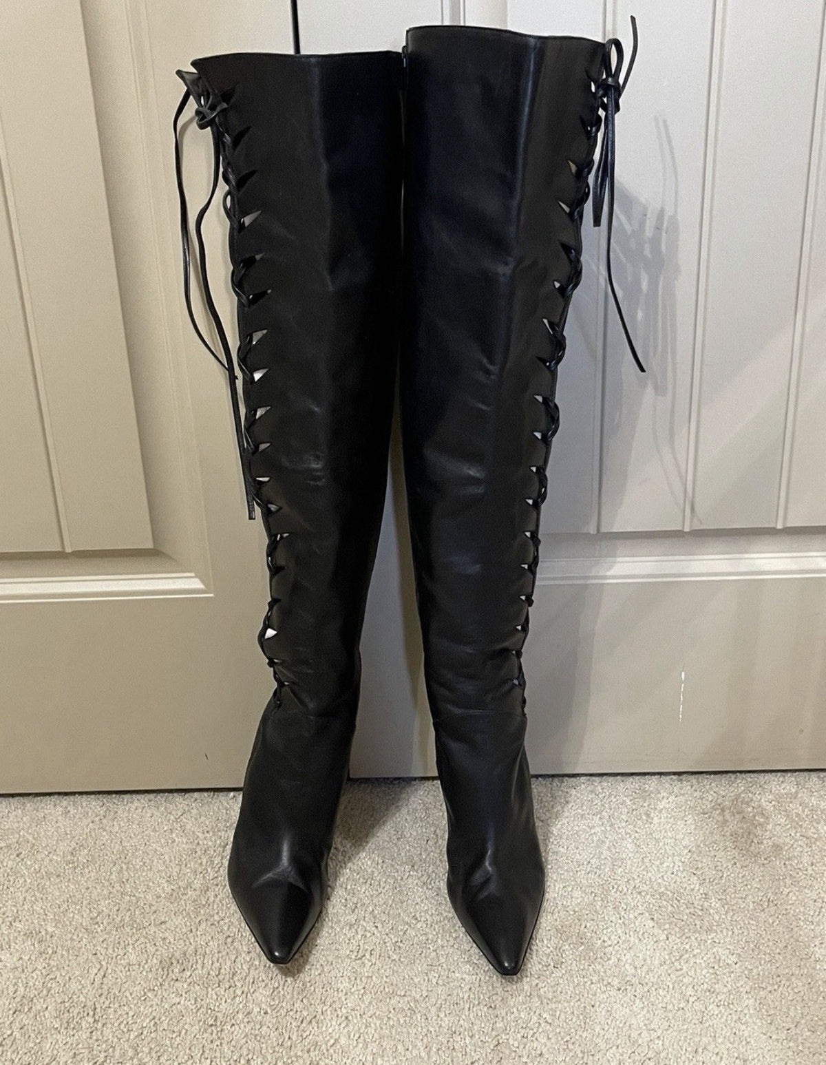 Manolo Blahnik Black Leather Knee High Lace-Up Pointed Toe Boots EU 39