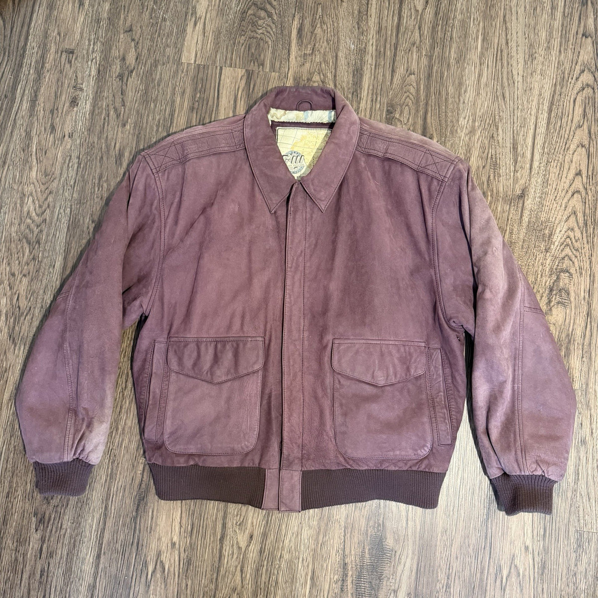 VTG Global Identity GIII Leather Aviator Bomber Jacket Men L Map Lined Purple