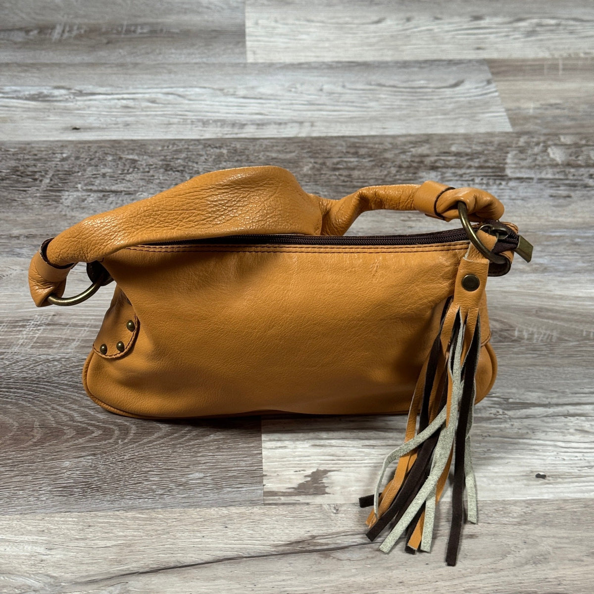 Vintage Leather Tan Studded Tassel Shoulder Bag