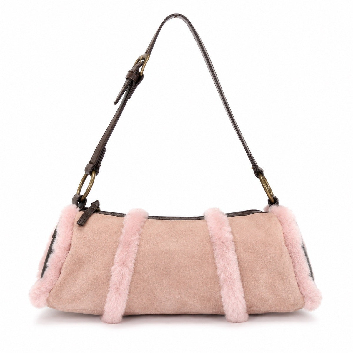 Wilson's Leather Y2K Pink Suede Shoulder Bag with Faux Fur Trim