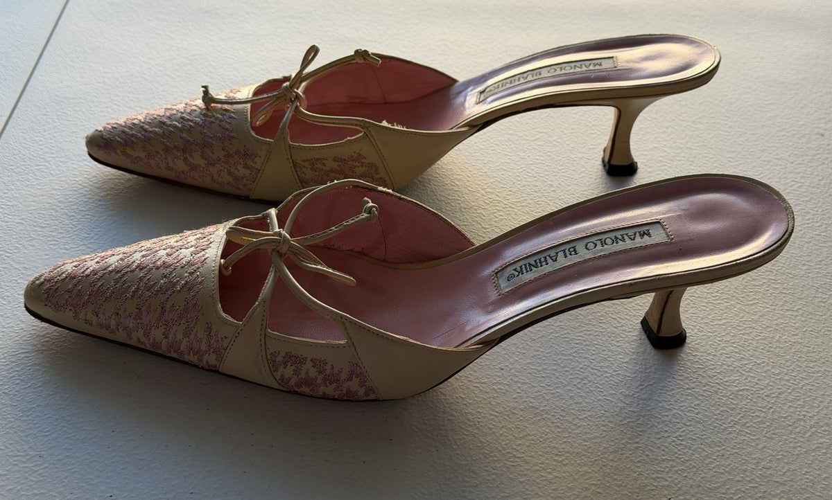Vintage Manolo Blahnik Beige Pink Houndstooth Pointed Y2K Bow Mule Kitten