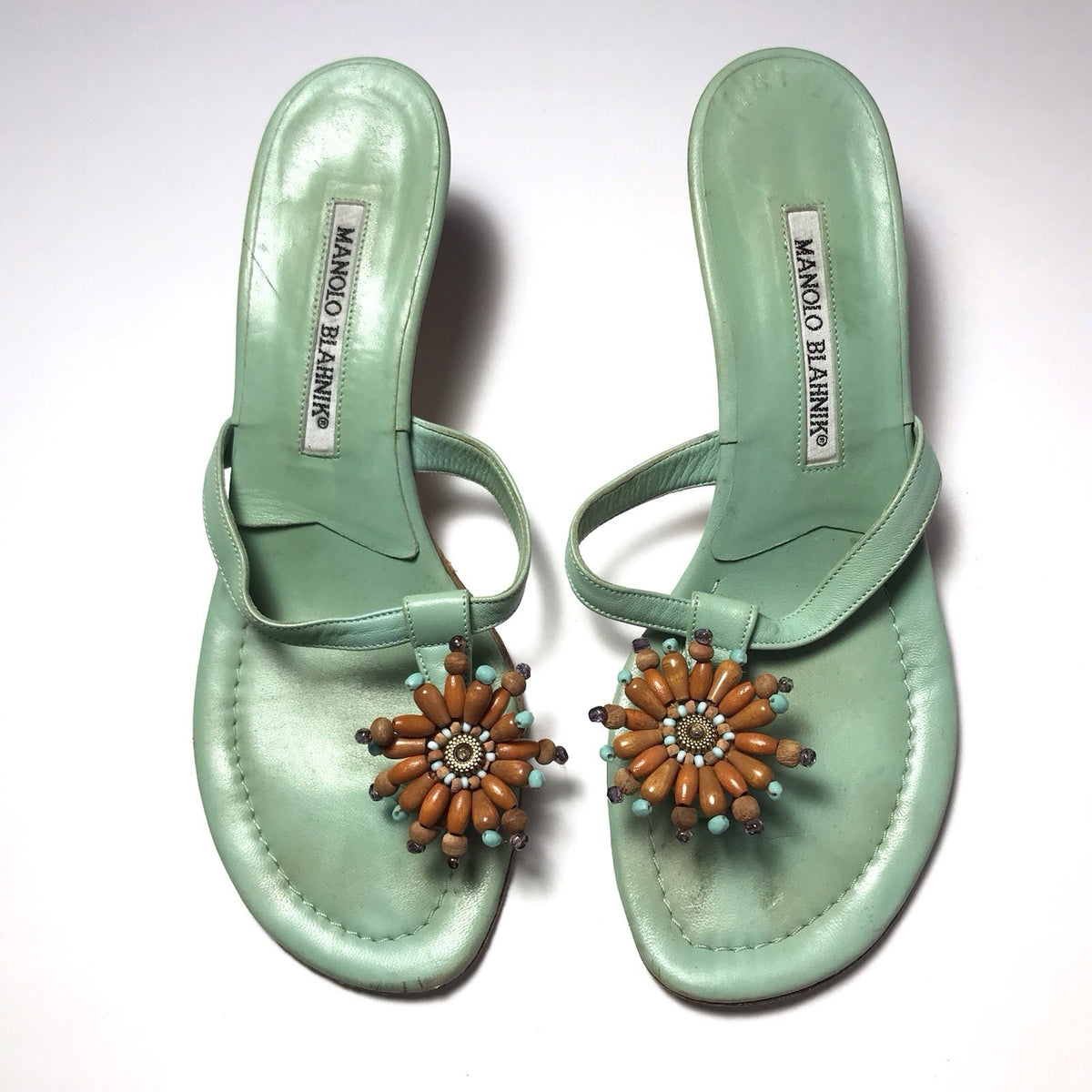 Manolo Blahnik Turquoise Beaded Wood Flower Kitten Heel Thong Sandals