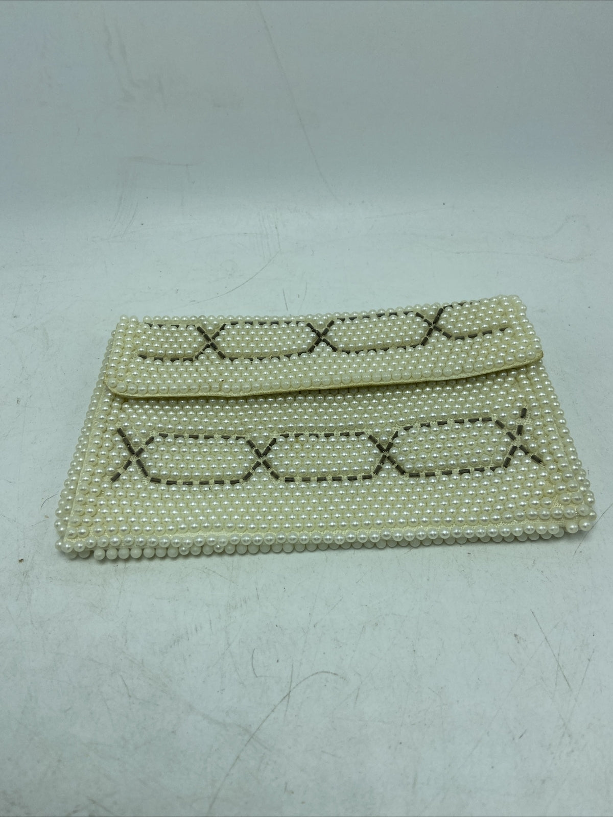 Susan Japan Hand Beaded Faux Pearl Clutch Purse, White