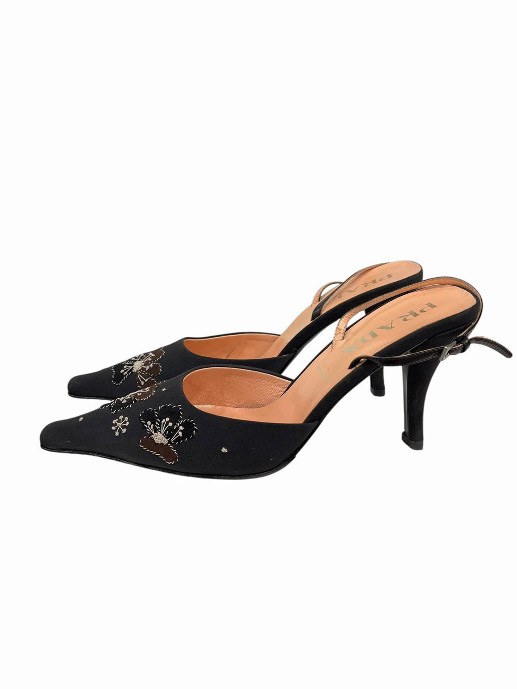 Prada Floral Embroidered Heels in Black Satin