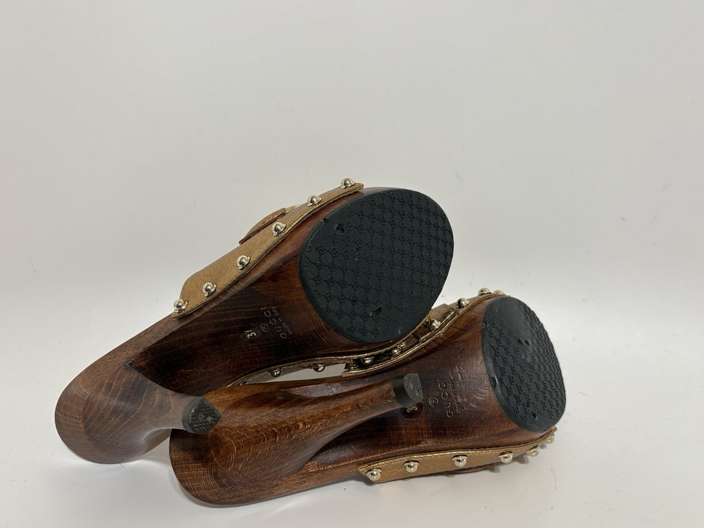 Gucci Gold Leather Horsebit Wood Sandal Heels