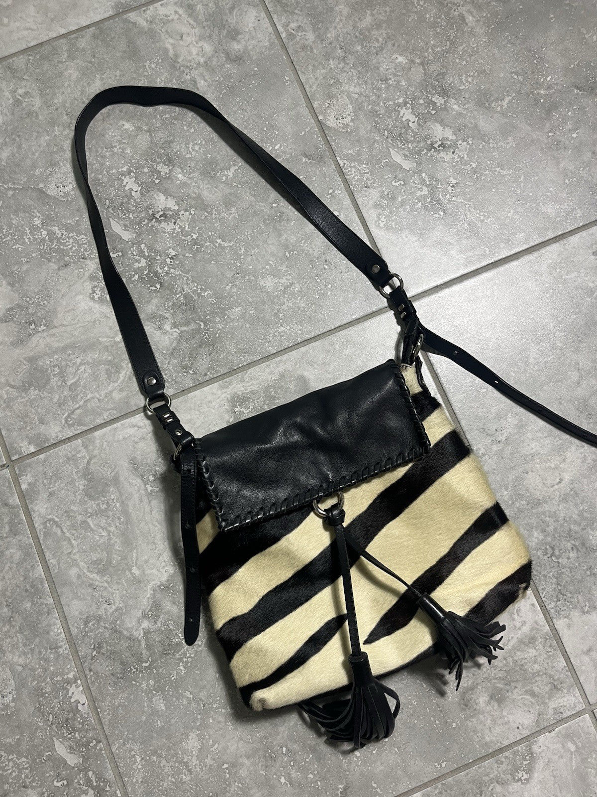 Cavalcanti Italy Leather & Cow Fur Crossbody Hobo Bag, Black & Cream