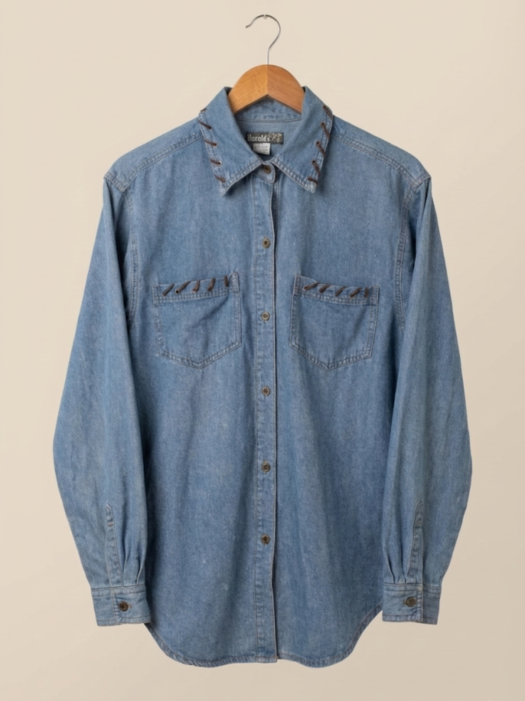 Harold's Vintage Denim Western Shirt with Leather Strap Accents
