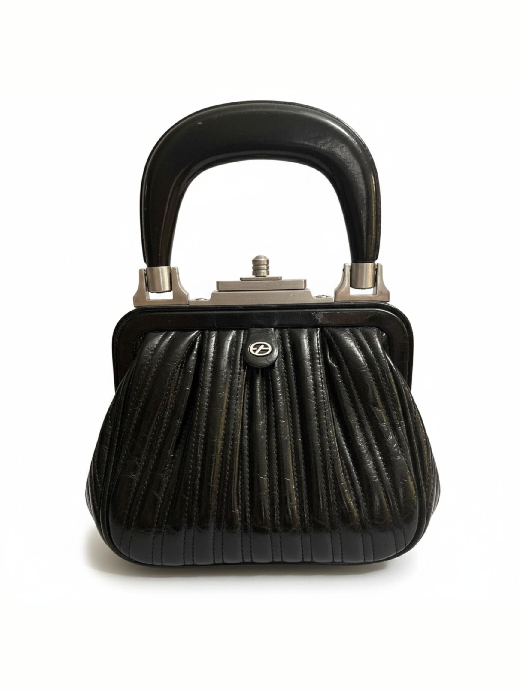 Vintage Francesco Biasia 1977 Black Leather Handbag with Silver Hardware