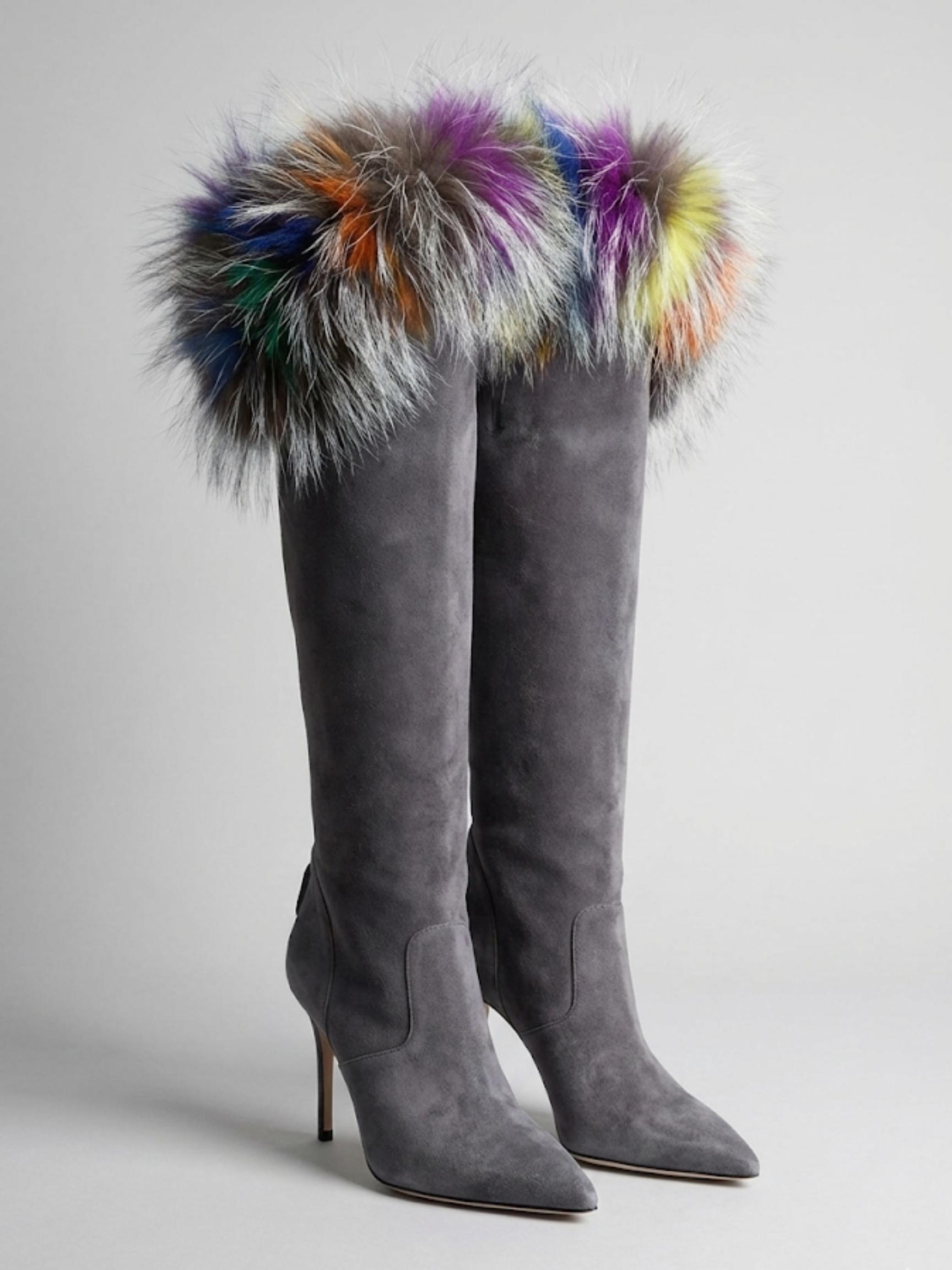 Manolo Blahnik Likanskim Gray Suede Fur Tall Boots