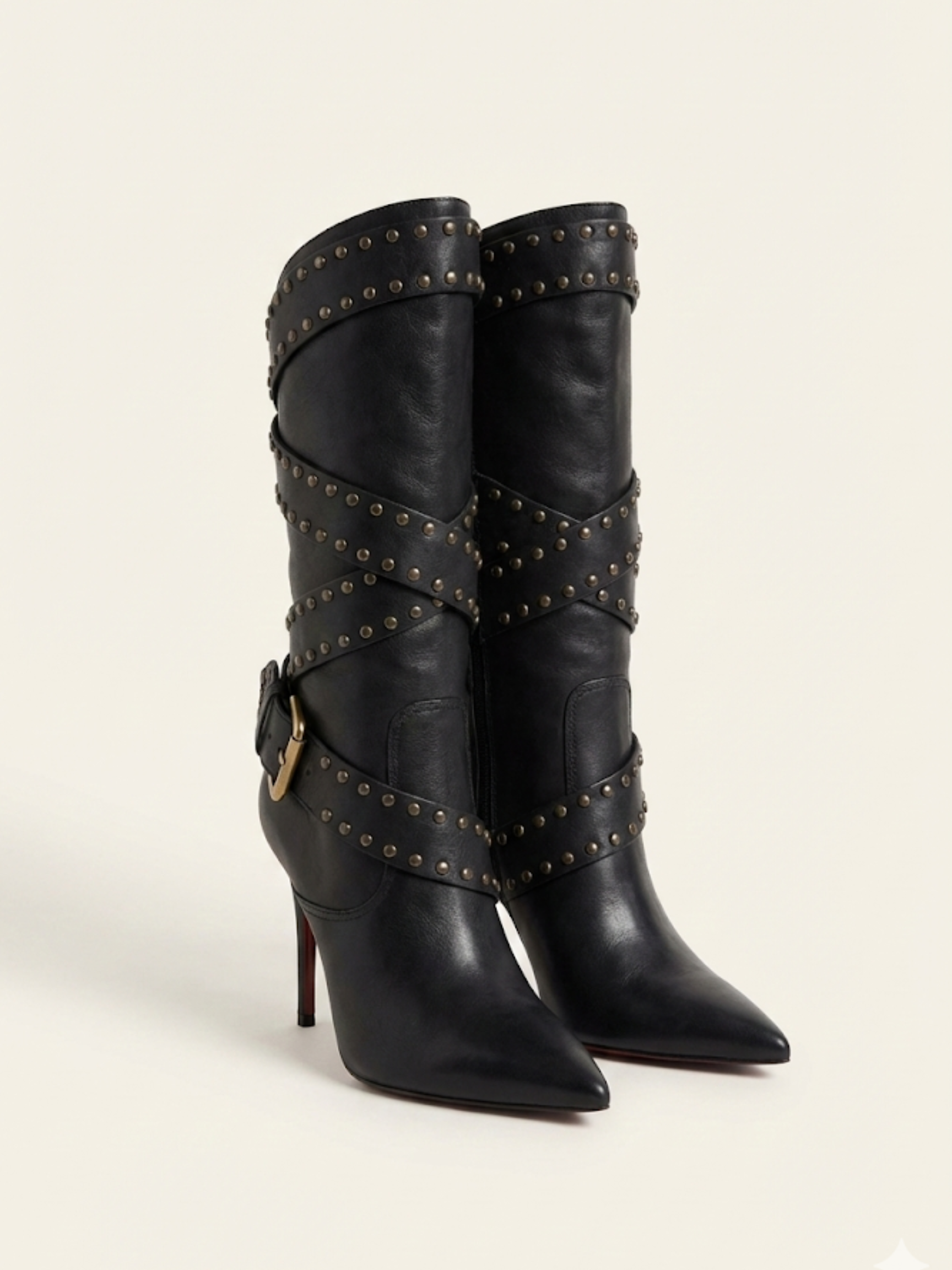 Vintage Manolo Blahnik Mid-Calf Black Leather Studded Buckle Boots