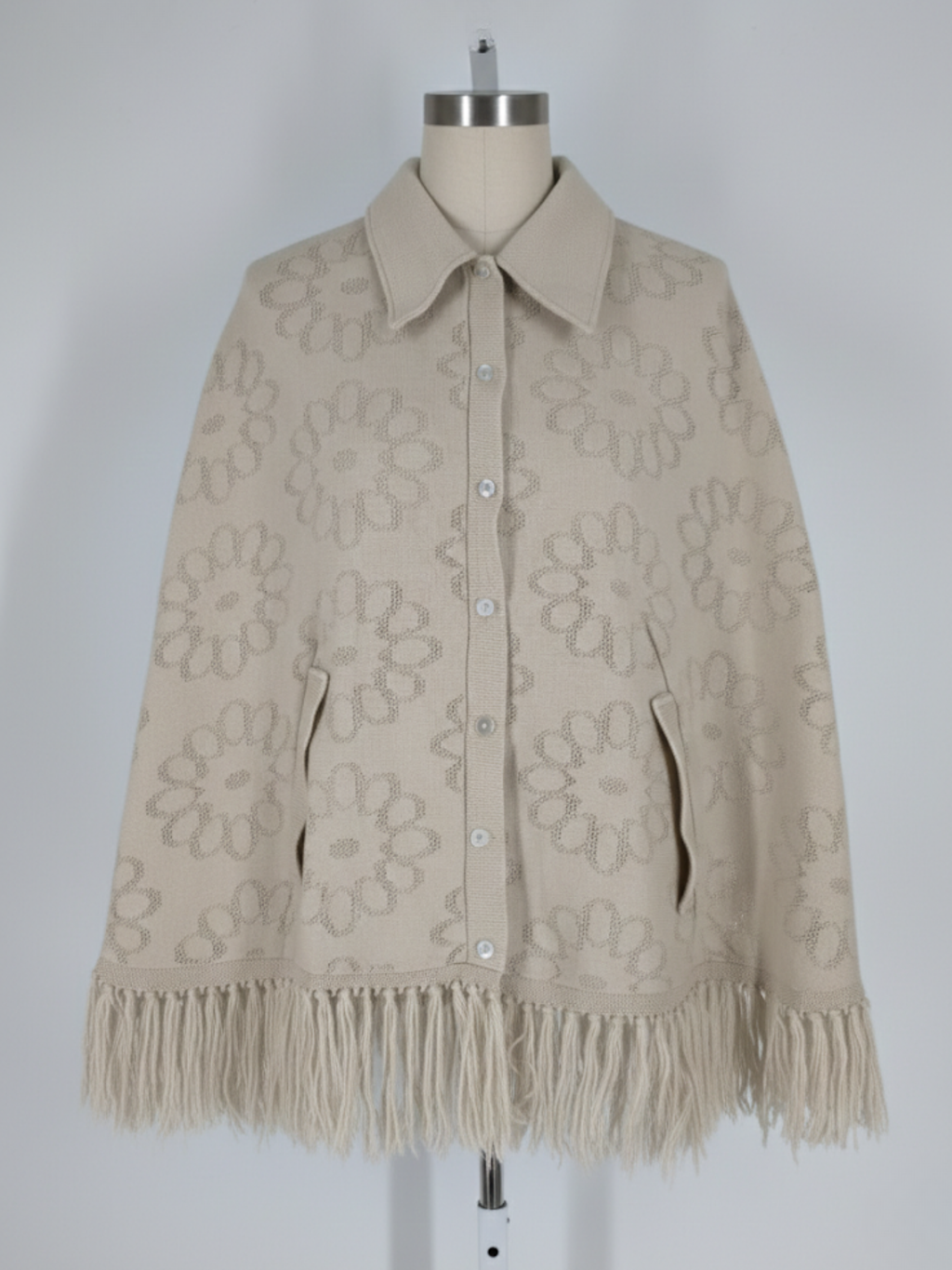 Vintage 1970s Hippie Boho Floral Knit Fringe Cape Poncho