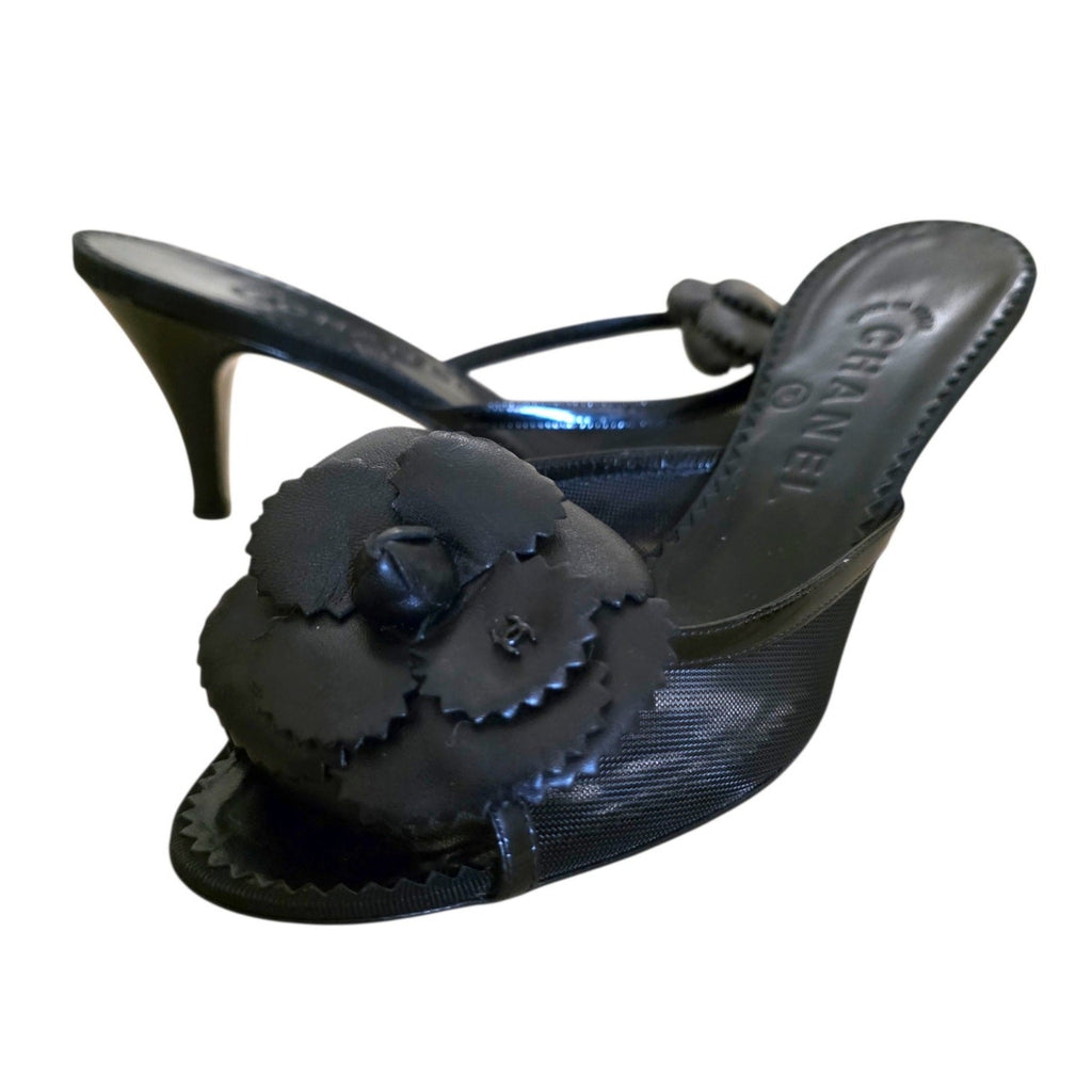 Chanel Mesh Camellia Flower Mules, Black Peep Toe Heels