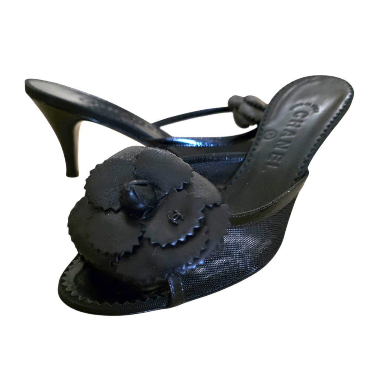 Chanel Mesh Camellia Flower Mules, Black Peep Toe Heels