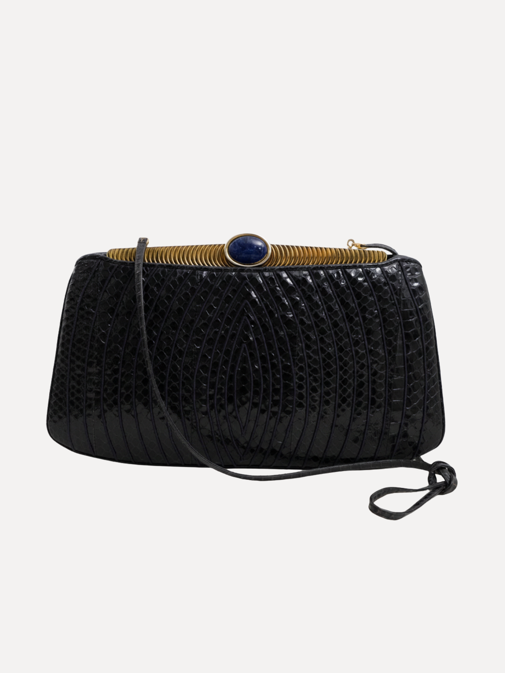 Vintage Judith Leiber Black Snakeskin Clutch with Lapis Lazuli Clasp
