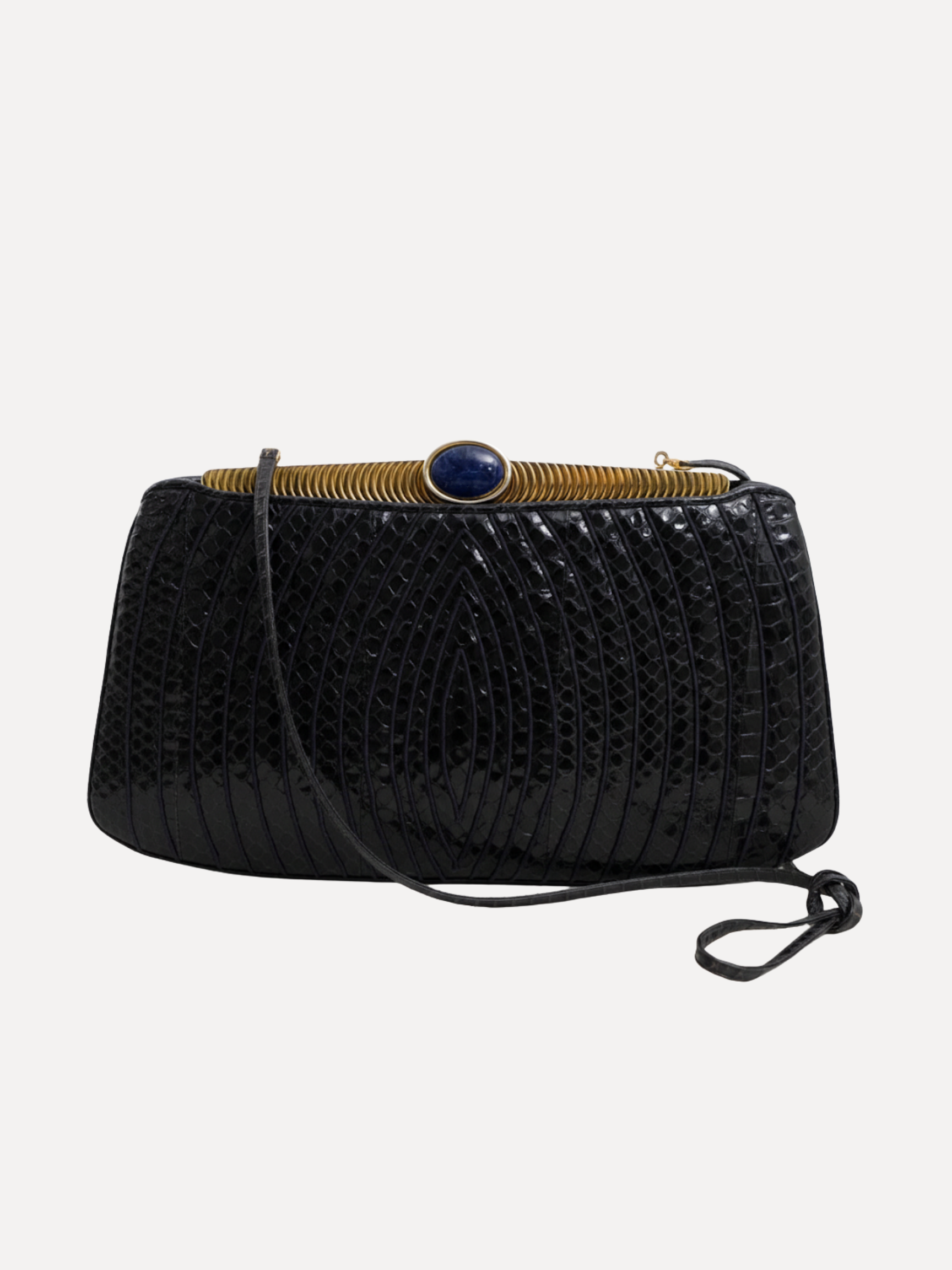 Vintage Judith Leiber Black Snakeskin Clutch with Lapis Lazuli Clasp