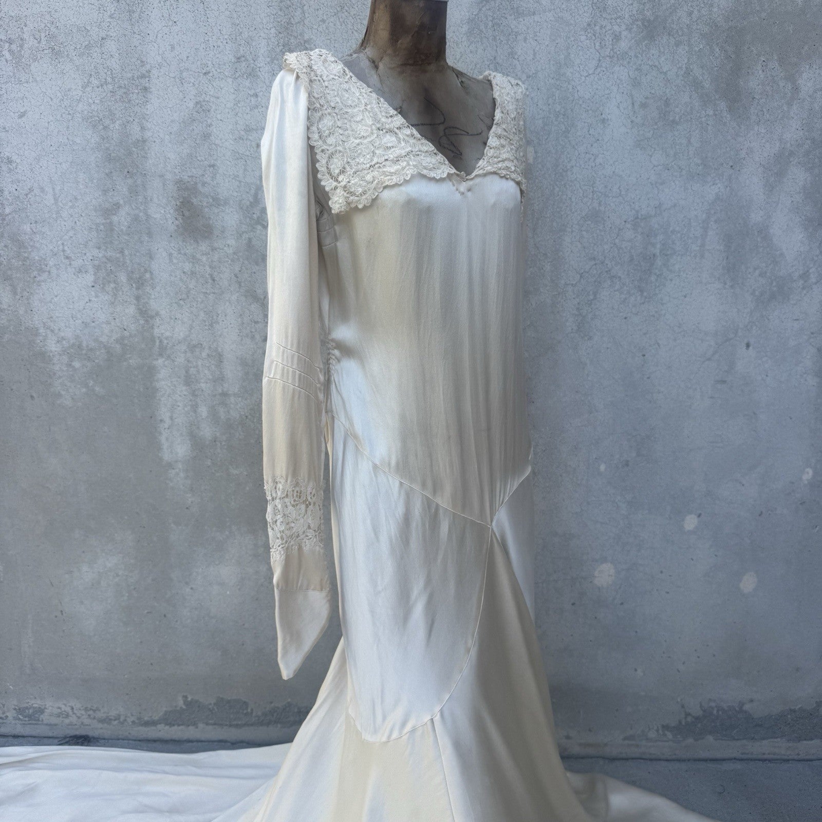 1930s Ivory Silk Satin Deco Wedding Gown with Brussels Lace