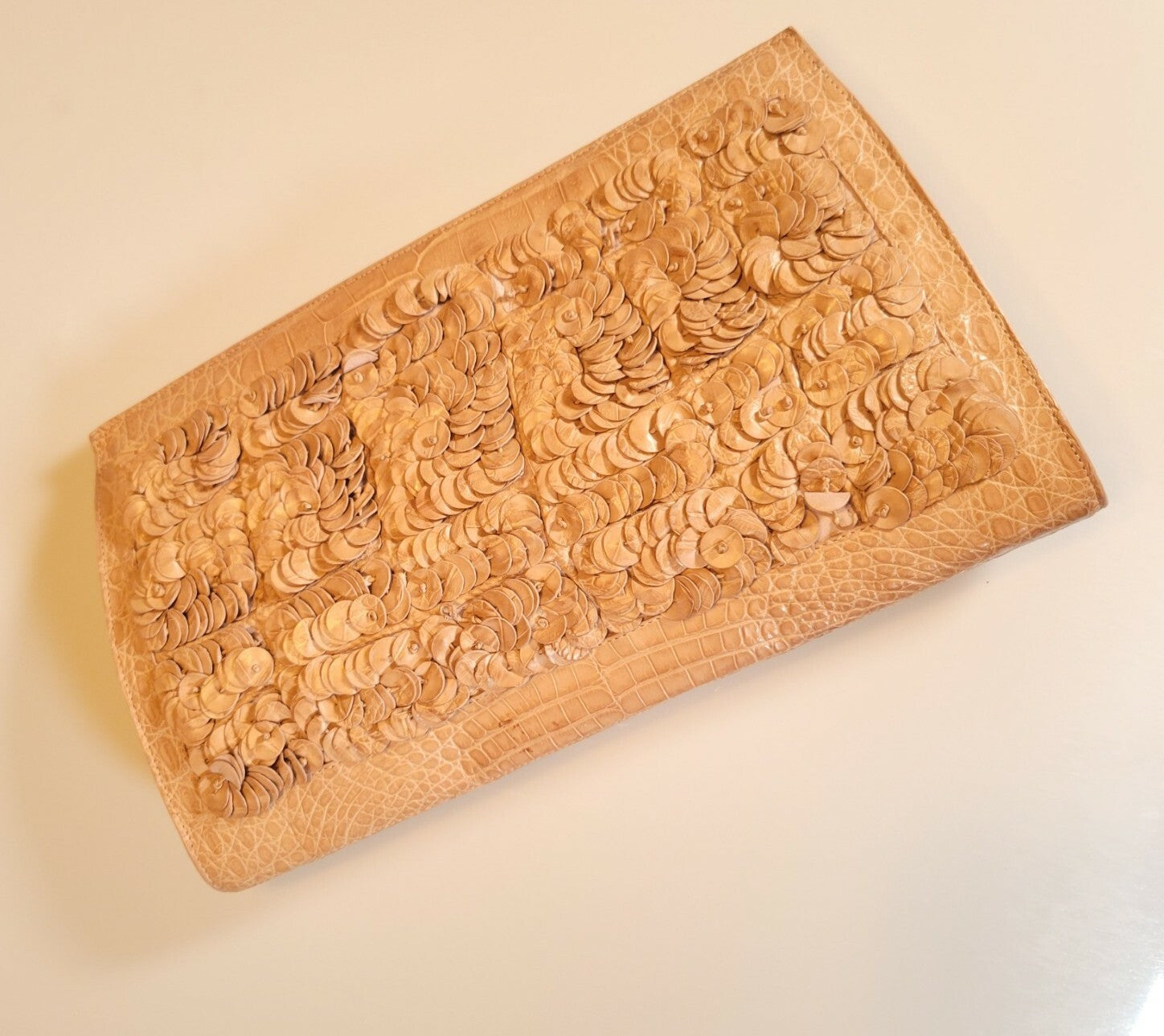 Nancy Gonzalez Embellished Caiman Leather Clutch in Brown and Tan