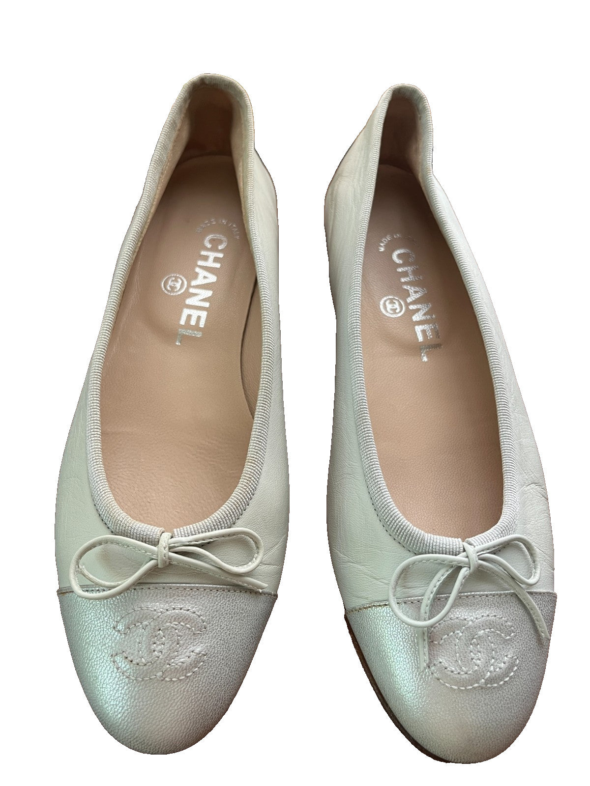 Chanel Ballet Flats, Plaster White with Mint and Silver Toe
