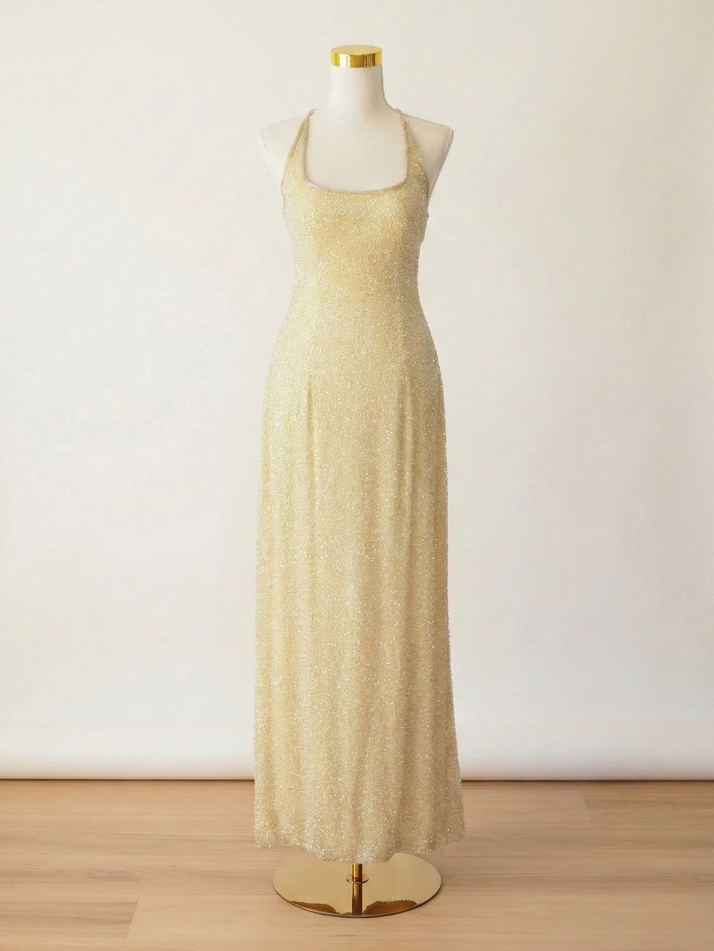 1990s Gold Sequin Silk Halter Gown