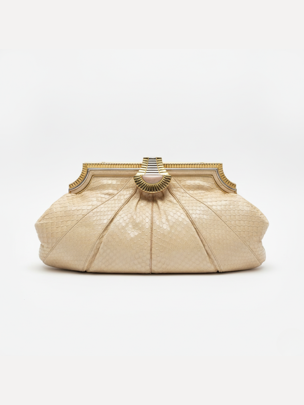 Vintage Judith Leiber Ivory Snakeskin Clutch Shoulder Bag with Mirror & Comb