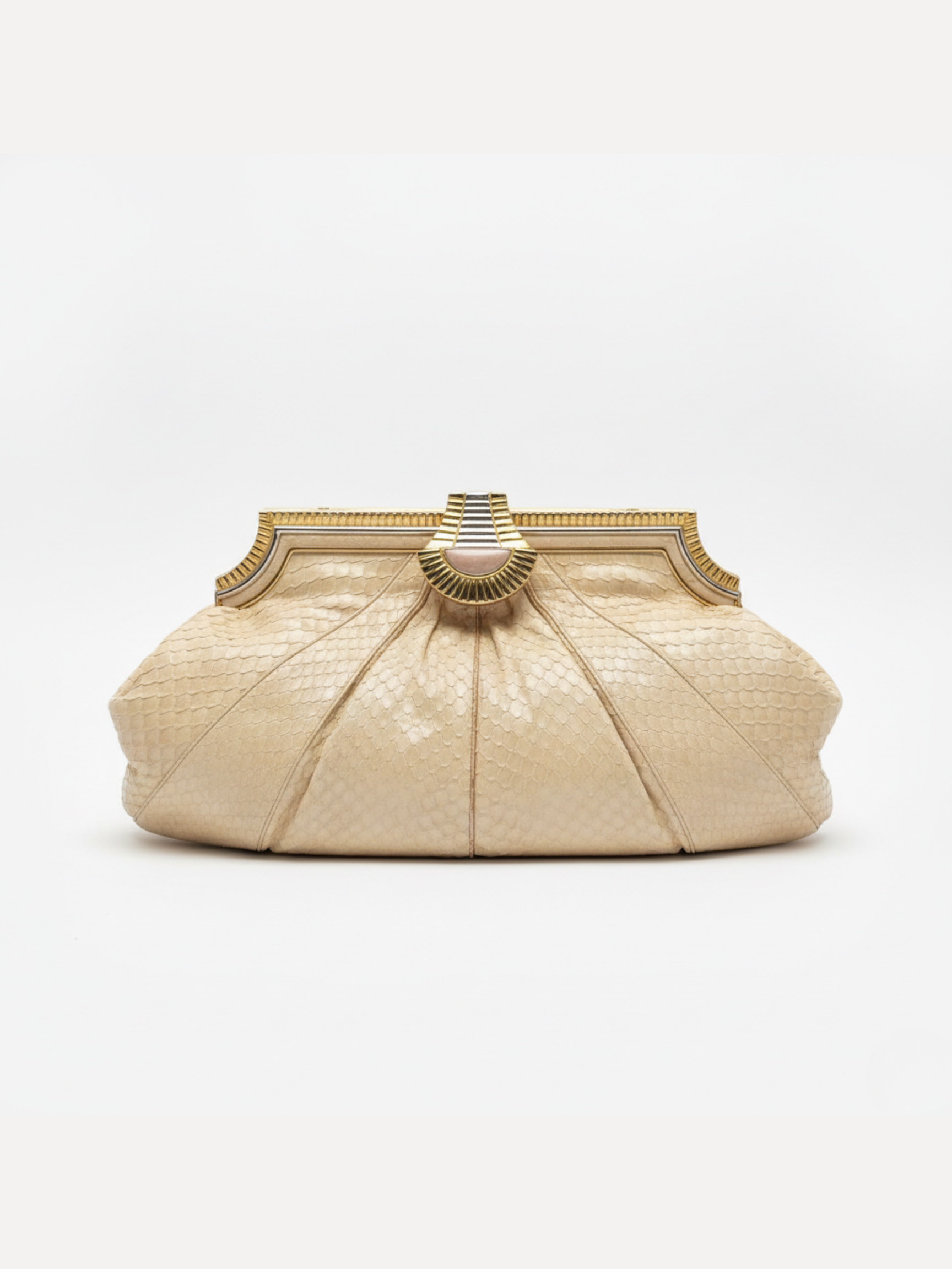 Vintage Judith Leiber Ivory Snakeskin Clutch Shoulder Bag with Mirror & Comb