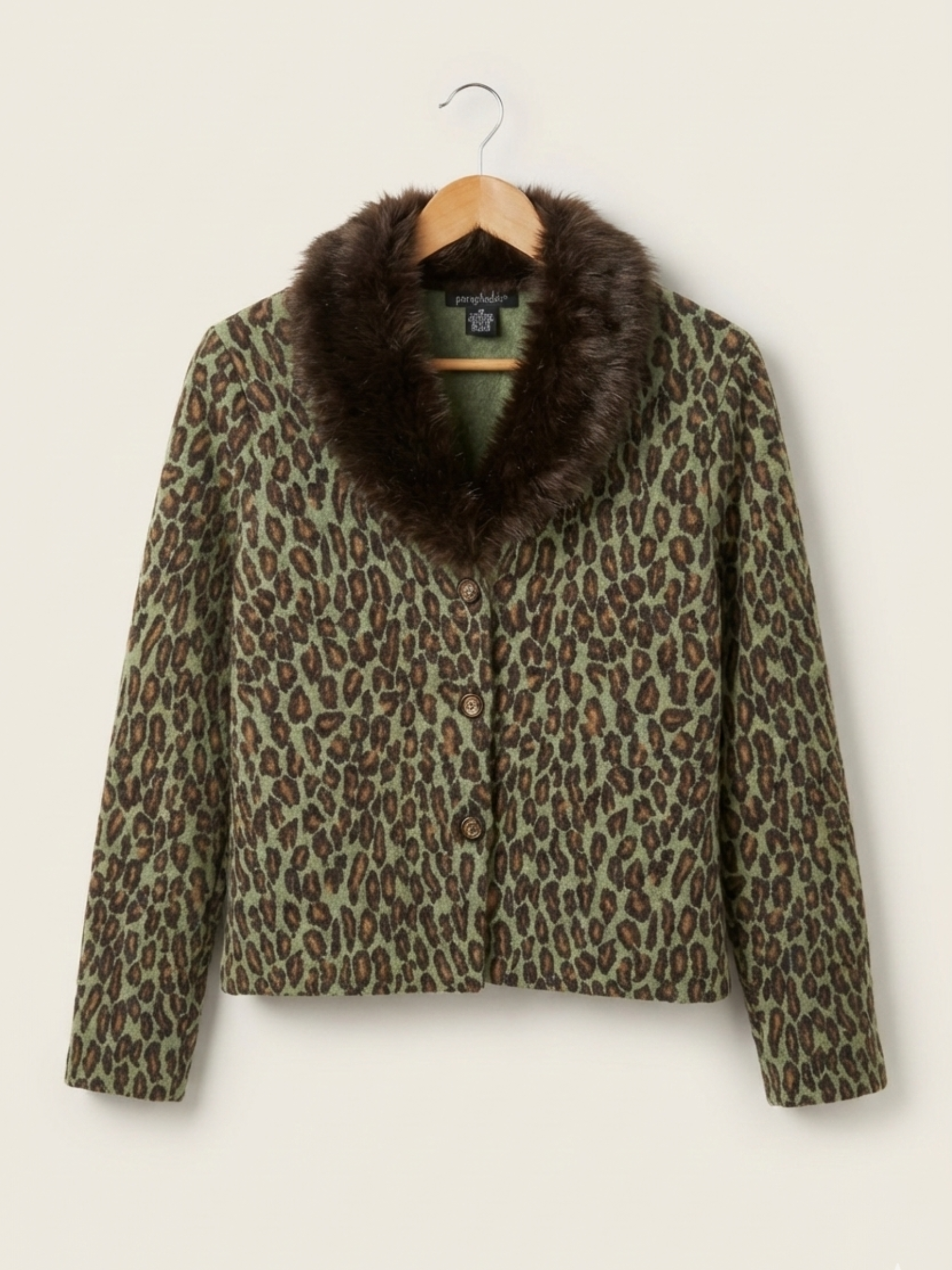 Vintage Y2K Paraphrase Leopard Print Wool-Blend Faux Fur Collar Jacket