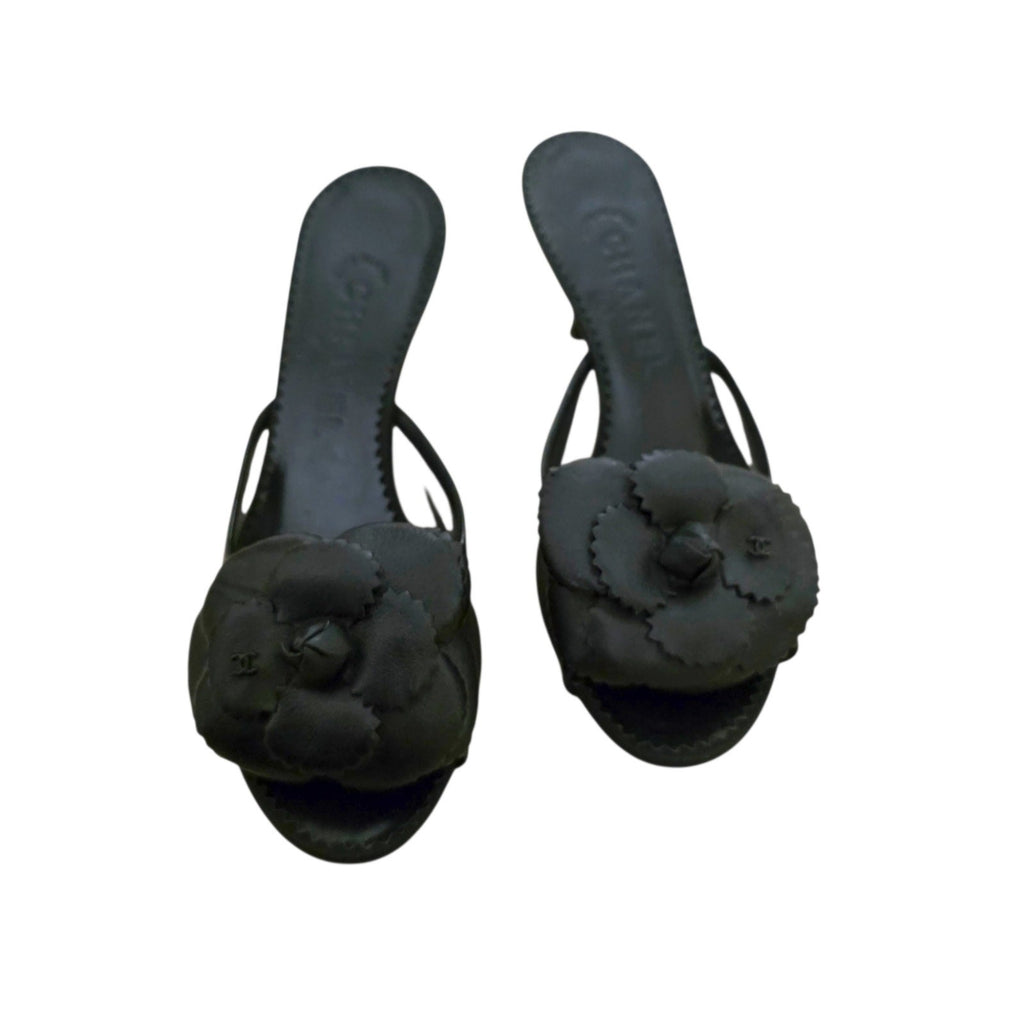 Chanel Mesh Camellia Flower Mules, Black Peep Toe Heels