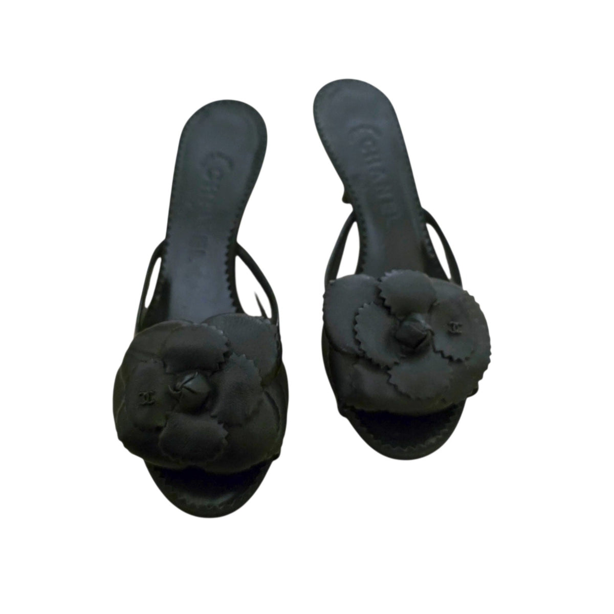 Chanel Mesh Camellia Flower Mules, Black Peep Toe Heels