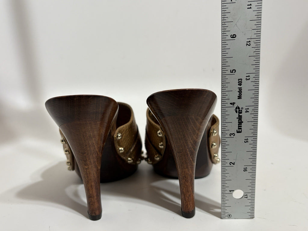 Gucci Gold Leather Horsebit Wood Sandal Heels