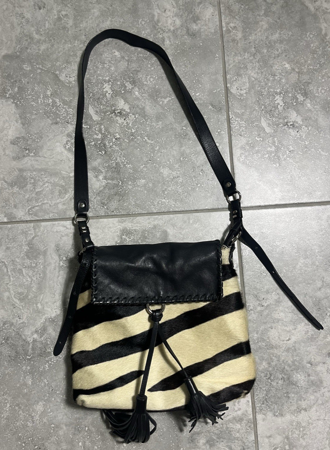 Cavalcanti Italy Leather & Cow Fur Crossbody Hobo Bag, Black & Cream