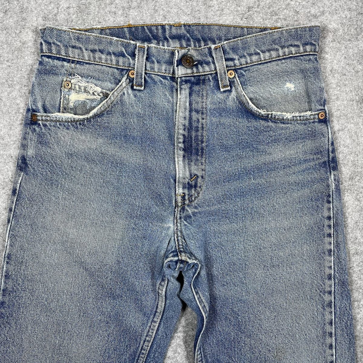 Levi's 505 Orange Tab Jeans, Medium Wash Distressed Denim