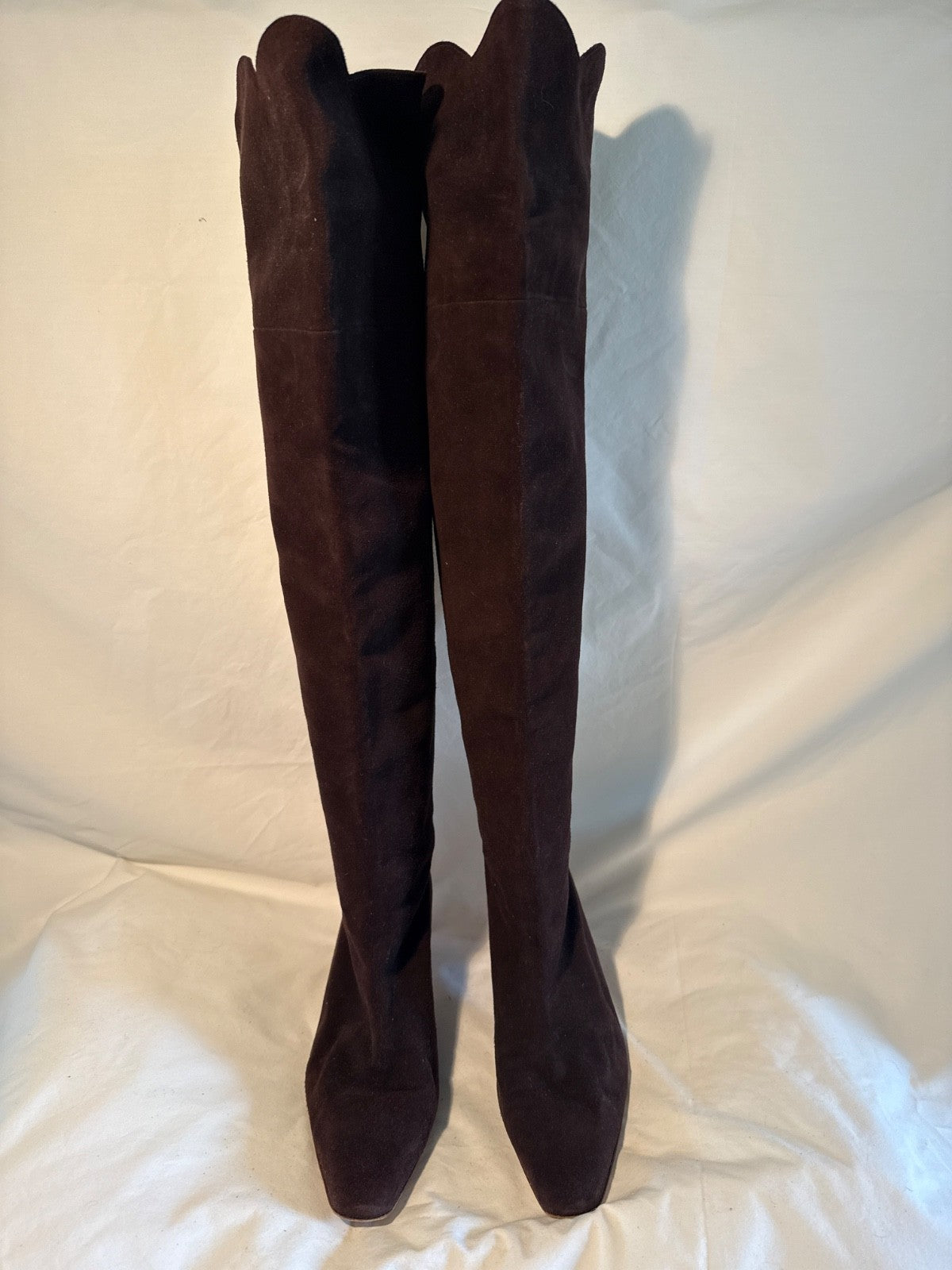 Manolo Blahnik Brown Suede Knee High Boots with Scallop Trim