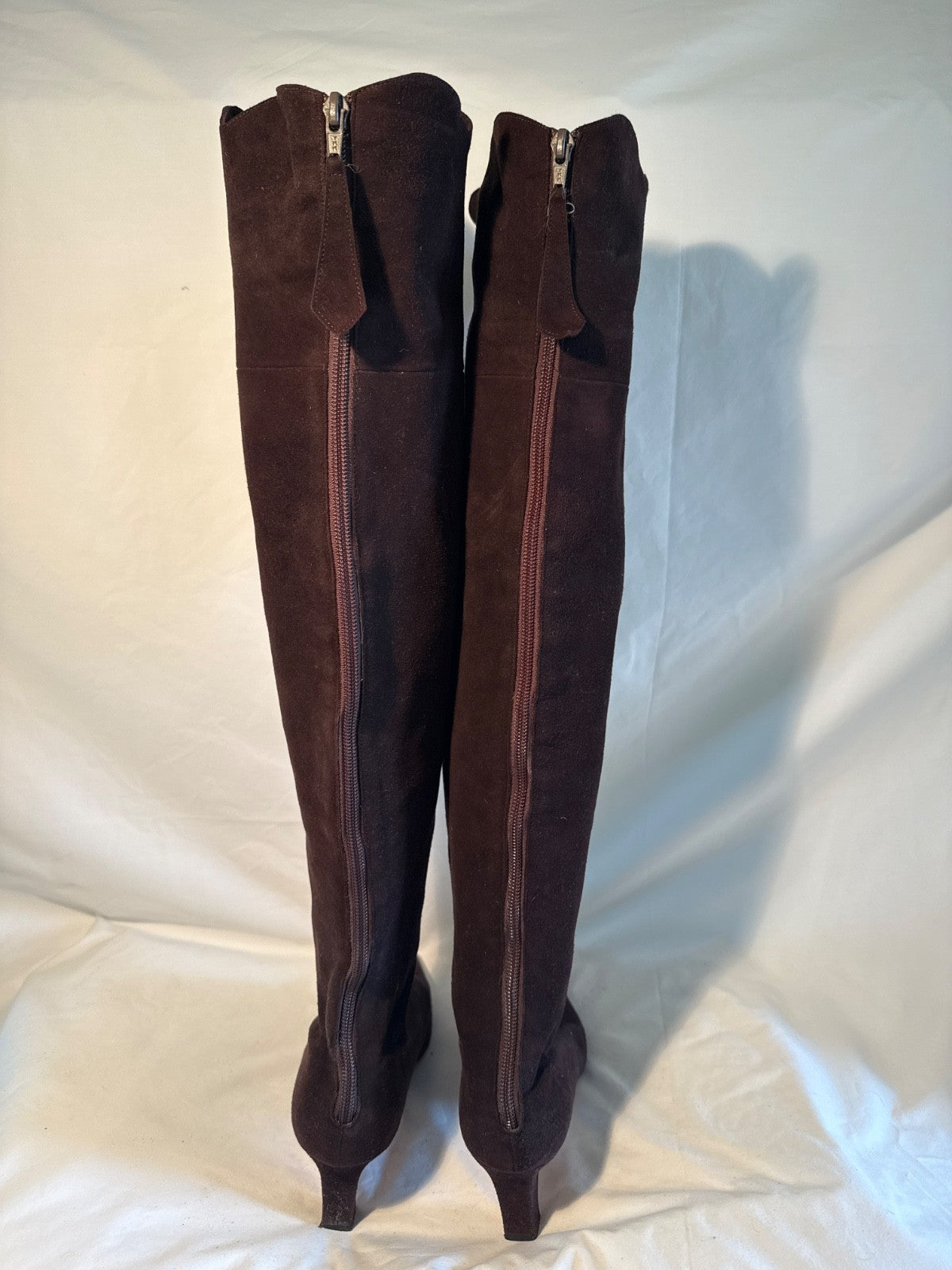 Manolo Blahnik Brown Suede Knee High Boots with Scallop Trim